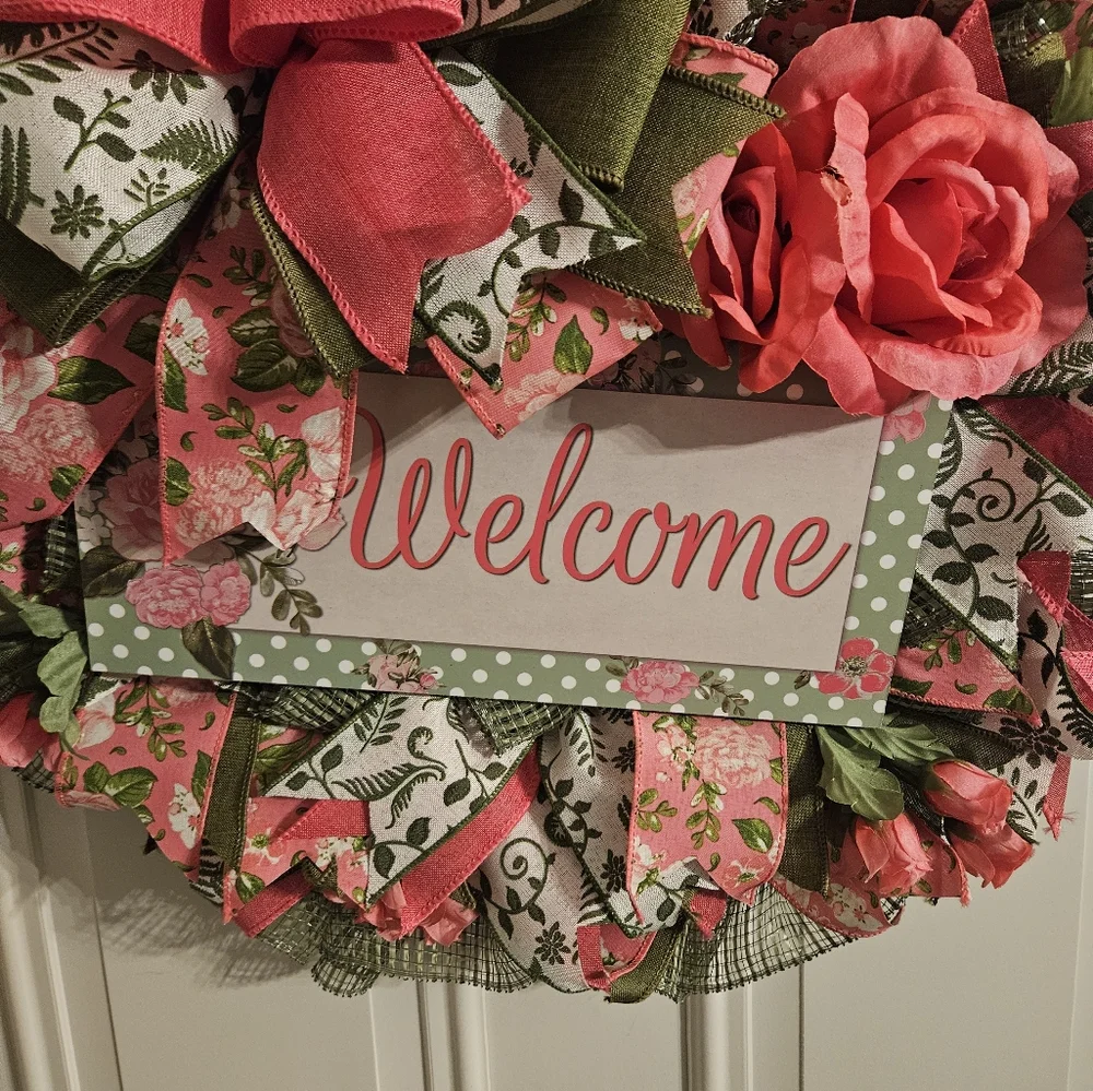Hand Crafted Pink and Green Spring Wreath